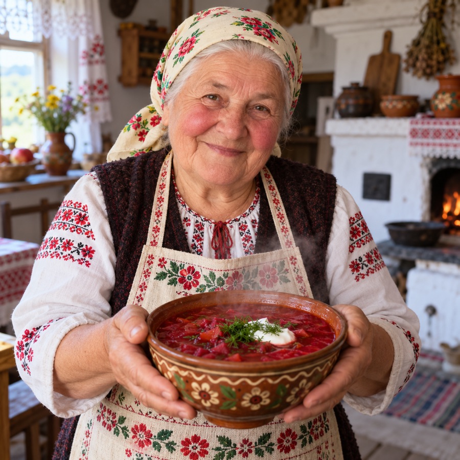 Бабуся Маруся з тарілкою борщу